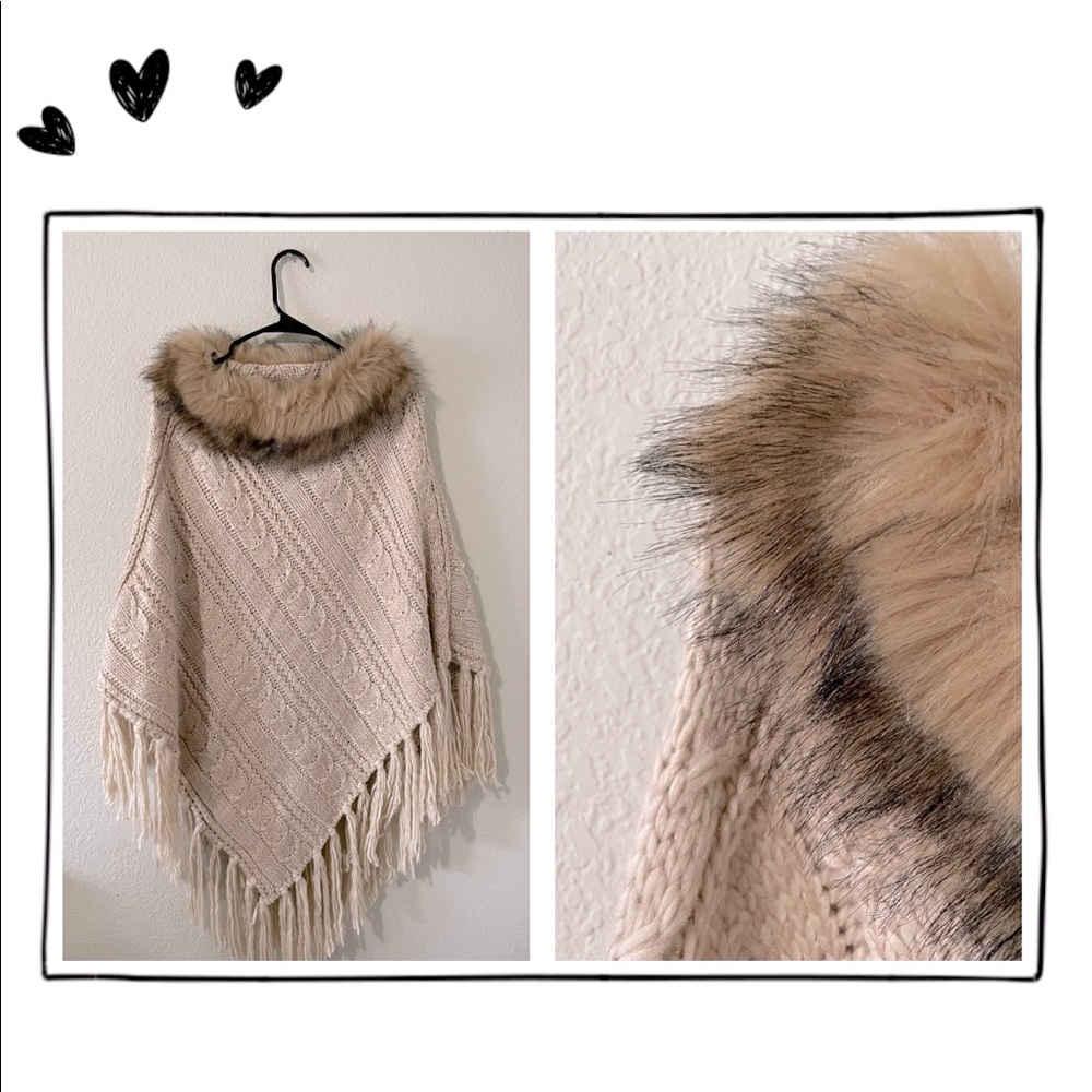 “Faux” Fur Beige Knitted Poncho